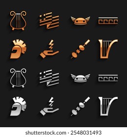 Set Zeus, Ancient Greek pattern, Harp, Olive and cheese on chopstick, helmet, Helmet with wings, lyre and Greece national flag icon. Vector