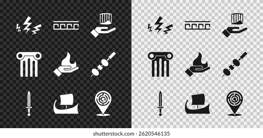 Set Zeus, patrón griego antiguo, columna, espada medieval, trirreme, laberinto de minotauro, y la mano sosteniendo el icono de fuego. Vector