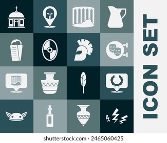 Set Zeus, Laurel wreath, Comedy and tragedy masks, Ancient column, Greek shield, Gyros Pita, Santorini building and helmet icon. Vector