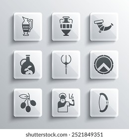 Set Zeus, Medieval bow, Greek shield, Neptune Trident, Olives branch, Bottle of olive oil, Ancient amphorae and Hunting horn icon. Vector