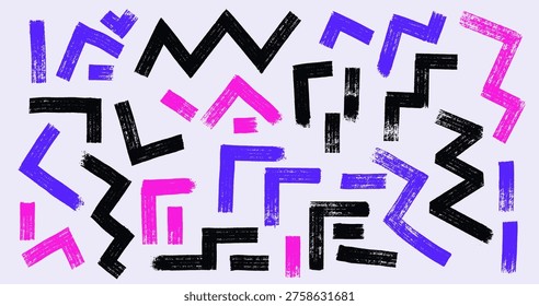 Set of zig zag lines, triangles vector. Simple monochrome geometric shapes in memphis retro style. Hand drawn brush strokes with isolated black, red elements for abstract patterns, modern design use.