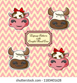 set of zig zag pettern and head of couple cow. women and man. cute stiker. 