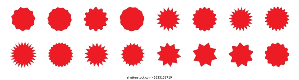 Set of Zig zag wavy edge red starburst circle shapes icon. Red color classic abstract elements with jagged edges. Vector illustration of silhouette blank for sicker, label, tag, badge, stamp, etc. 