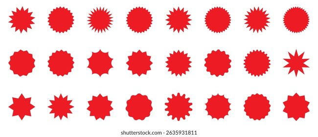 Set of Zig zag wavy edge red starburst circle shapes icon. Vector illustration of silhouette blank for sicker, label, tag, badge, stamp, etc. Red color classic abstract elements with jagged edges. 