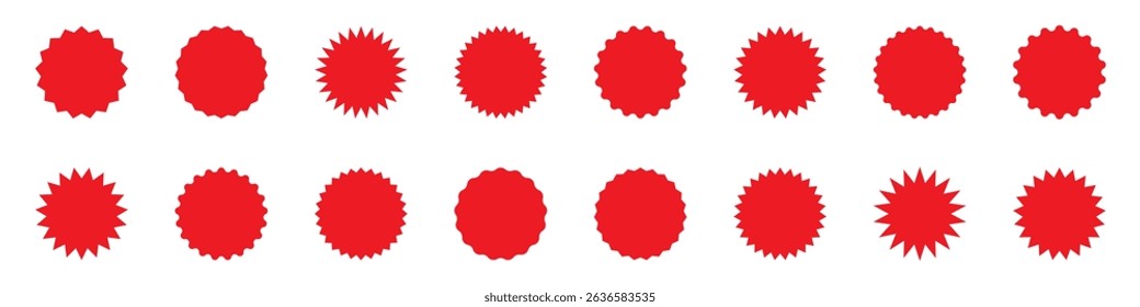 Set of Zig zag wavy edge red starburst circle shapes icon. Red color classic abstract elements with jagged edges. Vector illustration of silhouette blank for sicker, label, tag, badge, stamp, etc. 