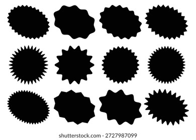 Conjunto de Zig zag borda ondulada preto estrela círculo formas ícone. cor preta elementos abstratos clássicos com bordas.  Símbolo de ziguezague arredondado starburst, oval pontiagudo, círculo e estrela em forma de ícone de etiqueta de preço.
