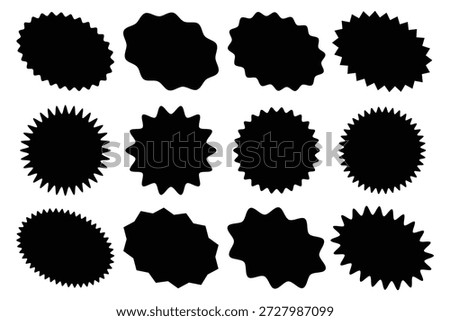 Set of Zig zag wavy edge black starburst circle shapes icon. black colour classic abstract elements with edges.  Rounded starburst zigzag badge, spiky oval, circle and star shaped price tag icon.