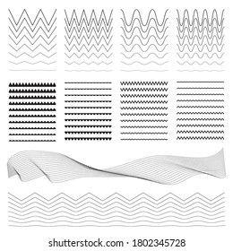 Set of zigzag borders. Wavy lines, symbols, sinuous curves. Horizontal curvy line, decorative footer collection