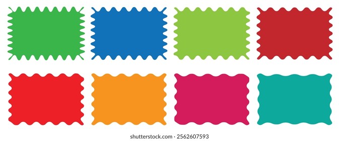 Set of Zigzag and colorful Shapes. Rectangle shape frame with zigzag edge. Vector Rectangle, Circle, Square and Oval Elements with Curve Edge. Zig Zag Shapes for Stickers, Badges, labels. zigzag frame