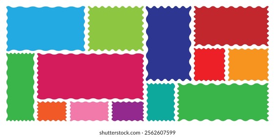 Set of Zigzag and colorful Shapes. Rectangle and oval shape frame with zigzag edge. Vector Rectangle, Circle, Square and Oval Elements with Curve Edge. Zig Zag Shapes for Stickers, Banner, Labels, tag