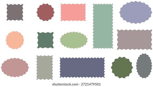 Set of Zigzag and colorful Shapes. Rectangle, square, circle and oval shape frame with zigzag edge. Zig zag wavy labels, isolated on white background.