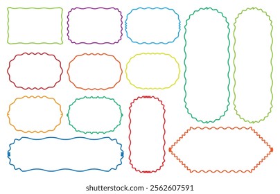 Set of Zigzag and colorful Shapes. Vector Rectangle, Circle, Square and Oval Elements with Curve Edge. Zig Zag Shapes for Stickers, labels, Color squiggle frames set. zigzag line's shape, vector