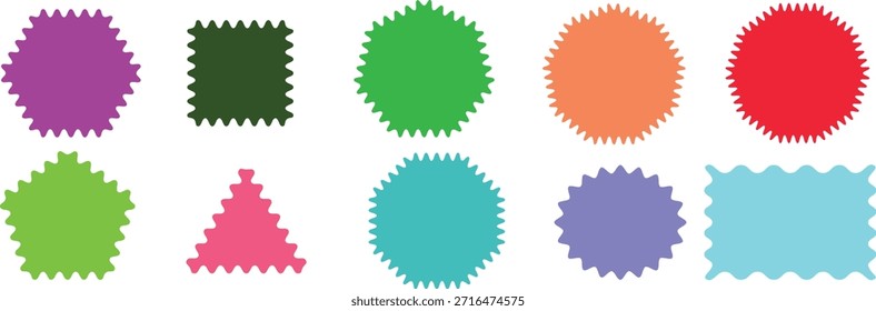 Set von Zigzag und bunten Formen. Zig Zag Wavy Edge Rechteck, Oval, Kreis Formen Set.  Zig Zack Formen für Aufkleber, Abzeichen, Etiketten, Banner. Zig Zag Rand Rechteck Shape-Sammlung.
