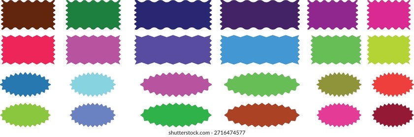 Set von Zigzag und bunten Formen. Zig Zag Wavy Edge Rechteck, Oval, Kreis Formen Set.  Zig Zack Formen für Aufkleber, Abzeichen, Etiketten, Banner. Zig Zag Rand Rechteck Shape-Sammlung.
