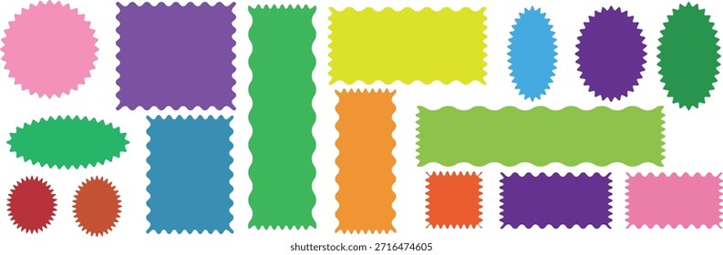 Set of Zigzag and colorful Shapes. Zig zag Wavy Edge Rectangle, Oval, Circle Shapes Set.  Zig Zag Shapes for Stickers, Badges, labels, banners. Zig zag edge rectangle shape collection.
