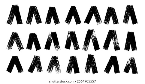 Set of zigzag lines. Grunge strokes, drawn with dry brush, chalk, charcoal on canvas with rough edges and ends. Design for interiors, print, wallpaper. Vector illustration.