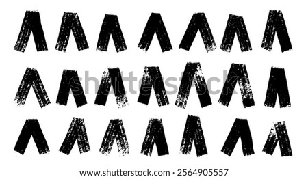 Set of zigzag lines. Grunge strokes, drawn with dry brush, chalk, charcoal on canvas with rough edges and ends. Design for interiors, print, wallpaper. Vector illustration.