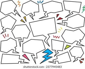 A set of zigzag speech bubbles with simple black lines and white painted tails