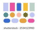 Set of zigzag and wavy edge stickers in rectangle, oval and circle shapes. Vector jagged geometric designs. Abstract elements perfect for frames, stamps, templates, promotional materials, web design