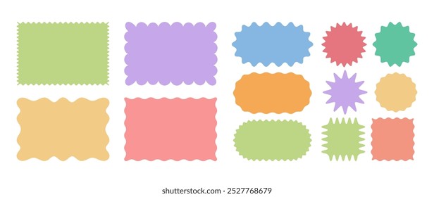 Set of zigzag and wavy edge stickers in rectangle, oval and circle shapes. Vector jagged geometric designs. Abstract elements perfect for frames, stamps, templates, promotional materials, web design,