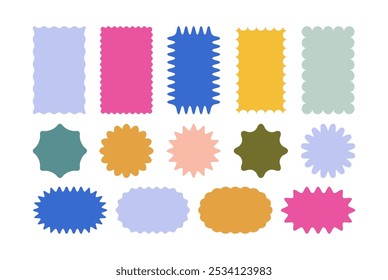 Set of zigzag and wavy edge stickers in rectangle, oval and circle shapes. Vector jagged geometric designs. Abstract elements perfect for frames, stamps, templates, promotional materials, web design