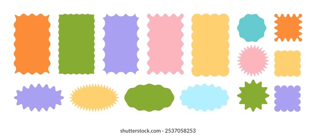 Set of zigzag and wavy edge stickers in rectangle, oval and circle shapes. Vector jagged geometric designs. Abstract elements perfect for frames, stamps, templates, promotional materials, web design