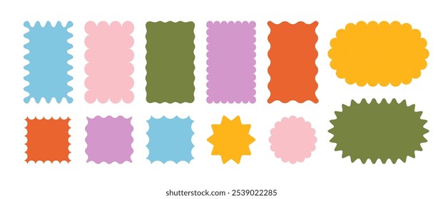 Conjunto de pegatinas en zigzag y borde ondulado en Formas rectangulares, ovaladas y circulares. Diseños geométricos irregulares de Vector. Elementos Abstractas perfectos para marcos, sellos, Plantillas, Materiales promocionales, Diseño web