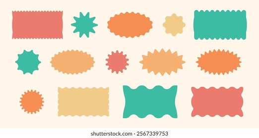 Set of zigzag and wavy edge stickers in rectangle, oval and circle shapes. Abstract elements perfect for frames, stamps, templates, promotional materials, web design vector illustration.