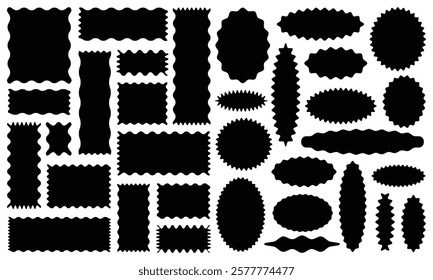 Set of zigzag and wavy edge stickers in rectangle, oval and circle shapes. Vector jagged geometric designs. Abstract elements perfect for frames, stamps, web design, Vector illustration