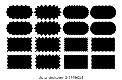 Conjunto de Formas geométricas onduladas y en zigzag. Vector Rectángulo y Elementos ovalados con borde curvo. Formas Abstractas de Zig Zag con vieira para pegatinas, insignias, afiches, chevron, etiquetas y decoración