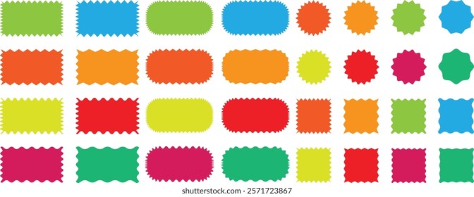 Set of Zigzag and Wavy Geometric Shapes. Vector Rectangle, Circle, Square and Oval Elements with Curve Edge. Colorful zigzag shapes. Zig Zag Shapes for Stickers, Badges, Posters, Labels and Decoration