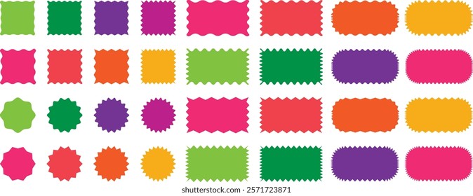 Set of Zigzag and Wavy Geometric Shapes. Colorful zigzag shapes. Vector Rectangle, Circle, Square and Oval Elements with Curve Edge. Zig Zag Shapes for Stickers, Badges, Posters, Labels and Decoration