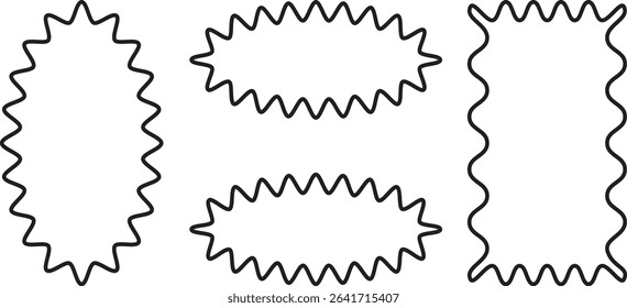 Set of Zigzag and Wavy Geometric Shapes. Vector Rectangle, Circle, Square and Oval Elements with Curve Edge. Zig Zag Shapes for Stickers, Badges, Posters, Labels and Decoration. EPS 10.