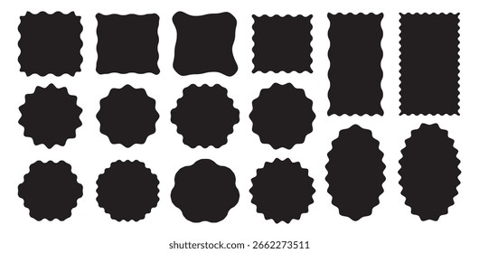 Satz von Zickzack- und wellenförmigen geometrischen Formen. Schwarze grafische Gestaltungselemente für Dekoration, Banner, Poster, Vorlage, Aufkleber, Badge, Collage. Vektorgrafik.