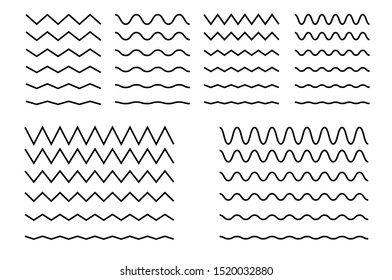 Set of zigzag wavy or zigzag lines. Horizontal thin lines wave. Dotted line. Vector illustration.