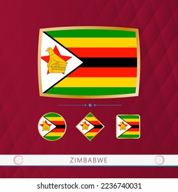 Set of Zimbabwe flags with gold frame for use at sporting events on a burgundy abstract background. Vector collection of flags.