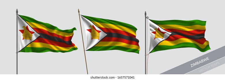 Set of Zimbabwe waving flag on isolated background vector illustration. 3 Zimbabwean wavy realistic flag as a symbol of patriotism