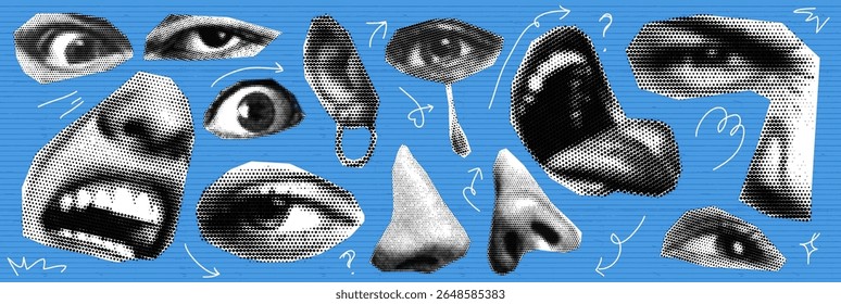 Set zine kit eye nose mouth scream collage sad tear with punk pop art in abstract retro comic style for bold poster scrapbook design modern illustration