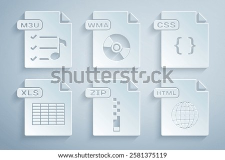 Set ZIP file document, CSS, XLS, HTML, WMA and M3U icon. Vector