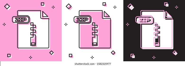 Set ZIP file document. Download zip button icon isolated on pink and white, black background. ZIP file symbol.  Vector Illustration