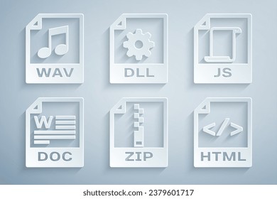 Set ZIP file document, JS, DOC, HTML, DLL and WAV icon. Vector
