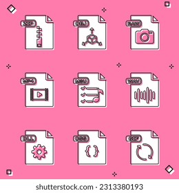 Set ZIP file document, OBJ, RAW, MP4, M3U, WAV, DLL and CSS icon. Vector