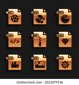 Set ZIP file document, TIFF, MAX, RUBY, MOV, HTML, PPT and AVI icon. Vector