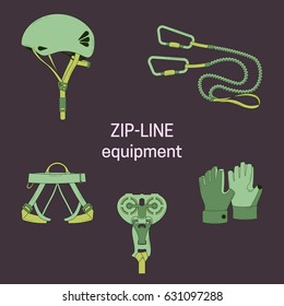 Set of Zip line equipment. Helmet, harness, pulley, gloves, carbiners. Vector illustration. 