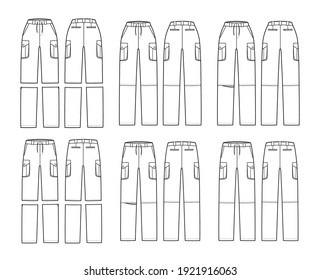 Set of Zip-off convertible pants technical fashion illustration with normal low waist, high rise, box pleated cargo jetted pockets, belt loops. Flat front back, white color style. Women men CAD mockup