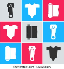 Set Zipper, Baby clothes and Textile fabric roll icon. Vector