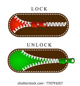 Set of zipper lock sliders. Template for any interface, site or application for locking and unlocking. Vector illustration.