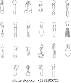 Set of Zipper Pullers and Sliders Technical Sketch Vector Illustration