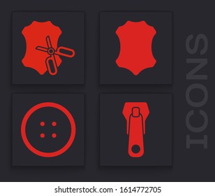 Set Zipper, Scissors and leather, Leather and Sewing button for clothes icon. Vector