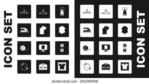 Ajuste el tapón, patrón de costura, hierro eléctrico, guardarropa, cuero, yarn e icono de bola. Vector
